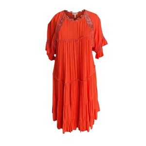 Patrons of Peace Womens Large Orange Crochet Peasant Boho Midi Babydoll  Dress